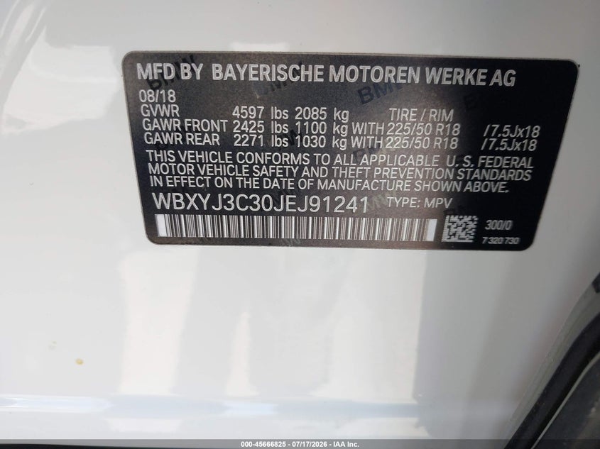 2018 BMW X2 Sdrive28I VIN: WBXYJ3C30JEJ91241 Lot: 45666825