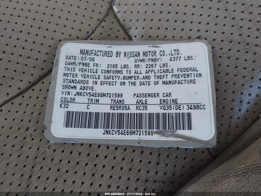 2006 Infiniti G35 VIN: JNKCV54E66M721599 Lot: 45666843