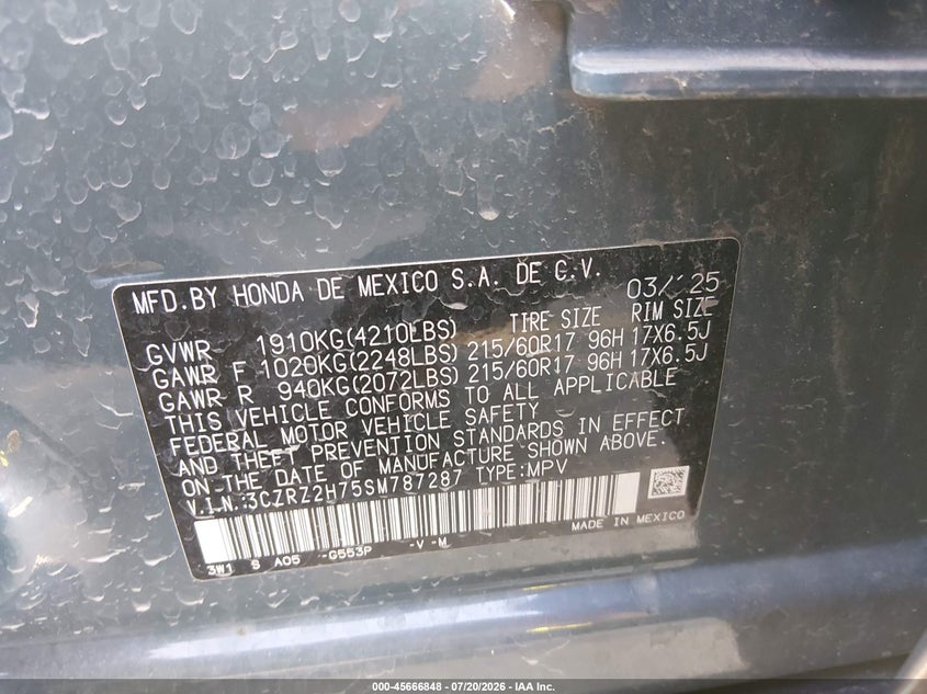 2025 Honda Hr-V Awd Ex-L VIN: 3CZRZ2H75SM787287 Lot: 45666848