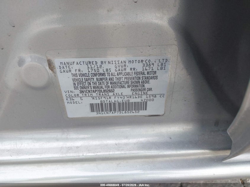 2013 Nissan Versa 1.6 S VIN: 3N1CN7AP7DL852652 Lot: 45666849