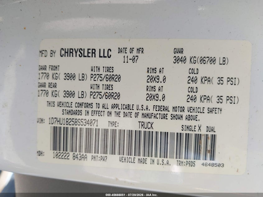 2008 Dodge Ram 1500 Slt VIN: 1D7HU18258S534071 Lot: 45666851