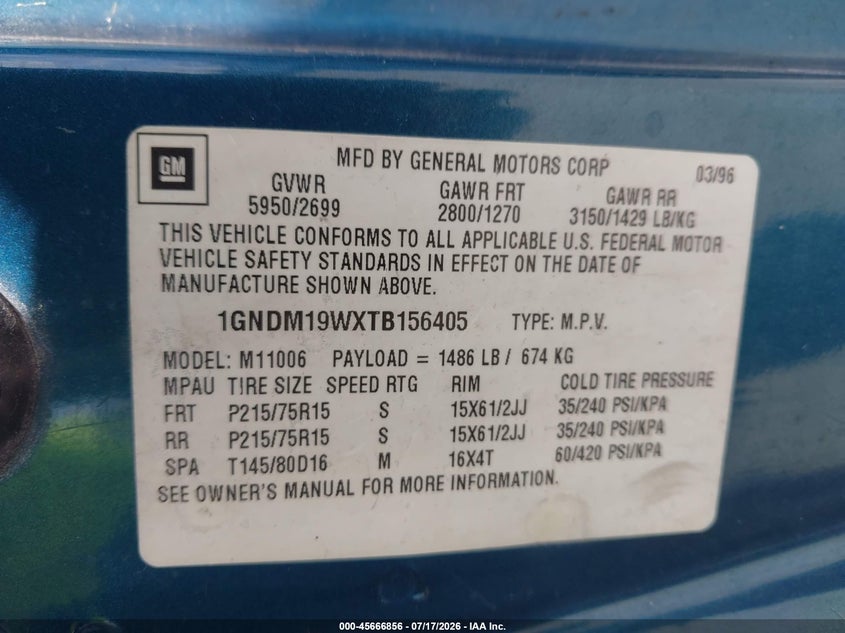1996 Chevrolet Astro VIN: 1GNDM19WXTB156405 Lot: 45666856