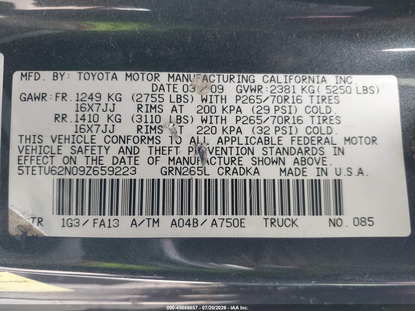 2009 Toyota Tacoma Prerunner V6 VIN: 5TETU62N09Z659223 Lot: 45666857