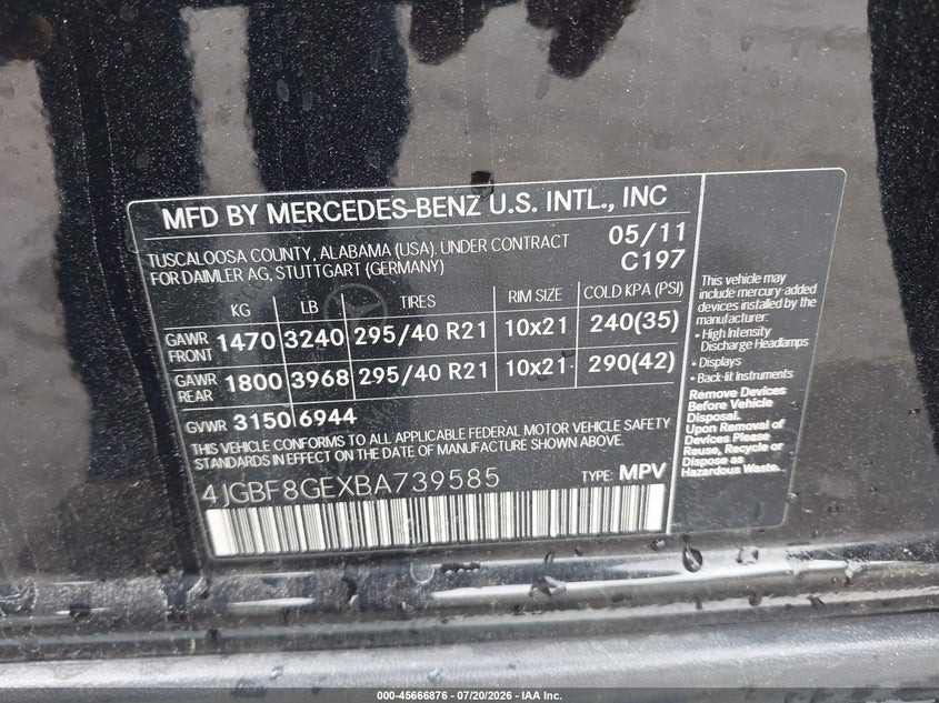 2011 Mercedes-Benz Gl 550 4Matic VIN: 4JGBF8GEXBA739585 Lot: 45666876