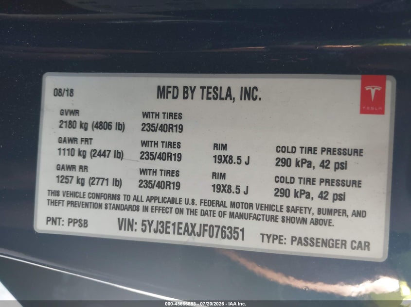 2018 Tesla Model 3 Long Range/Mid Range VIN: 5YJ3E1EAXJF076351 Lot: 45666883
