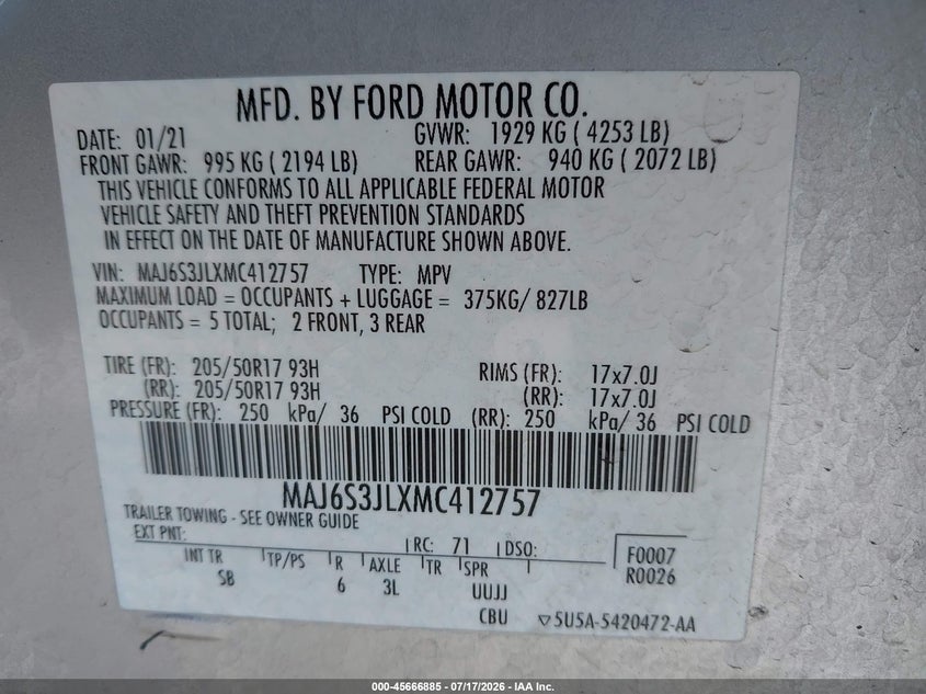 2021 Ford Ecosport Ses VIN: MAJ6S3JLXMC412757 Lot: 45666885