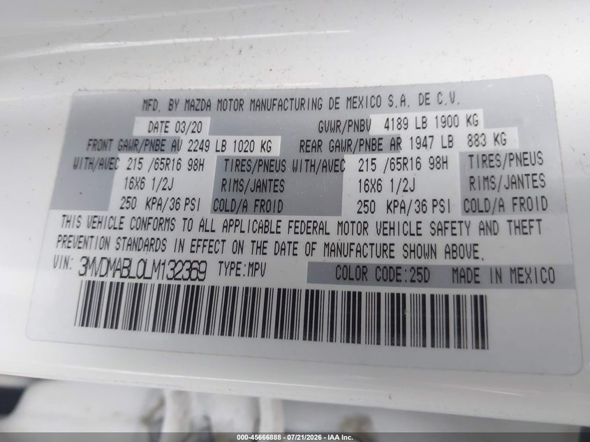 2020 Mazda Cx-30 VIN: 3MVDMABL0LM132369 Lot: 45666888