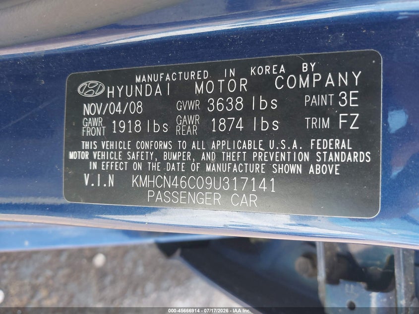 2009 Hyundai Accent Gls VIN: KMHCN46C09U317141 Lot: 45666914