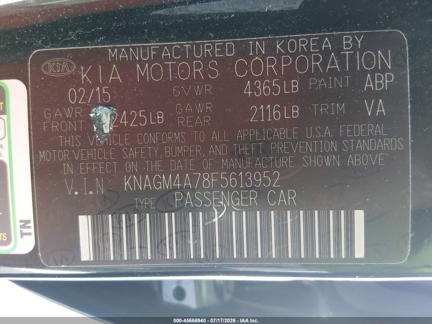 2015 Kia Optima Lx VIN: KNAGM4A78F5613952 Lot: 45666940