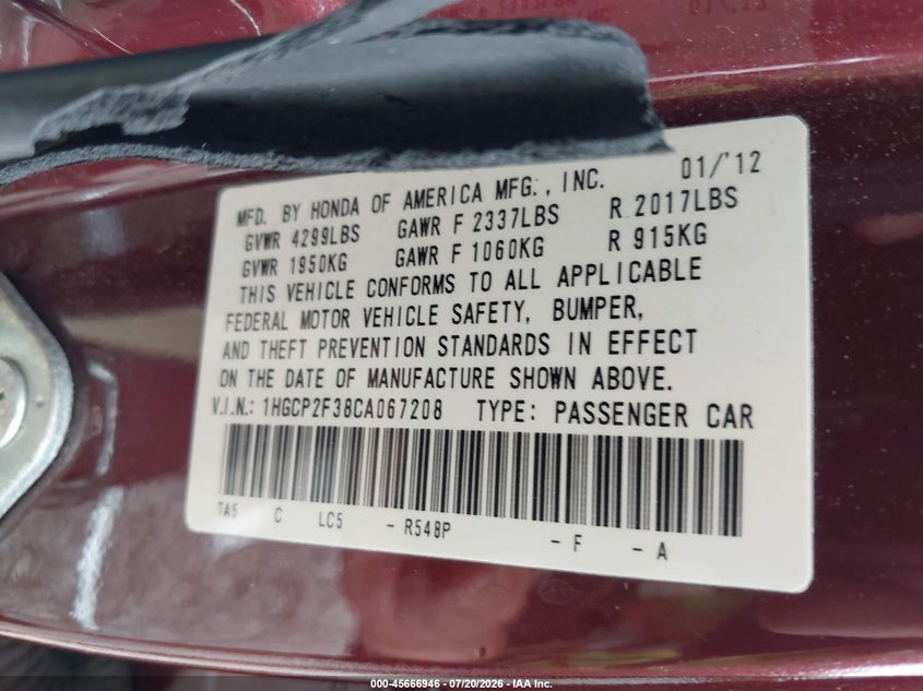 2012 Honda Accord 2.4 Lx VIN: 1HGCP2F38CA067208 Lot: 45666946
