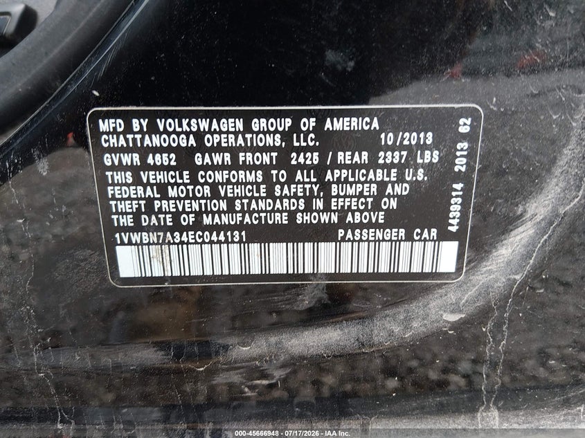 2014 Volkswagen Passat 2.0L Tdi Se VIN: 1VWBN7A34EC044131 Lot: 45666948