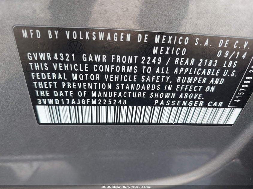 2015 Volkswagen Jetta 1.8T Se VIN: 3VWD17AJ6FM225248 Lot: 45666952