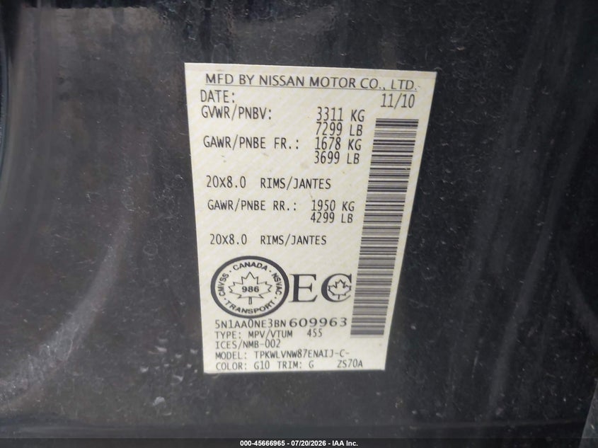 2011 Nissan Armada Platinum VIN: 5N1AA0NE3BN609963 Lot: 45666965