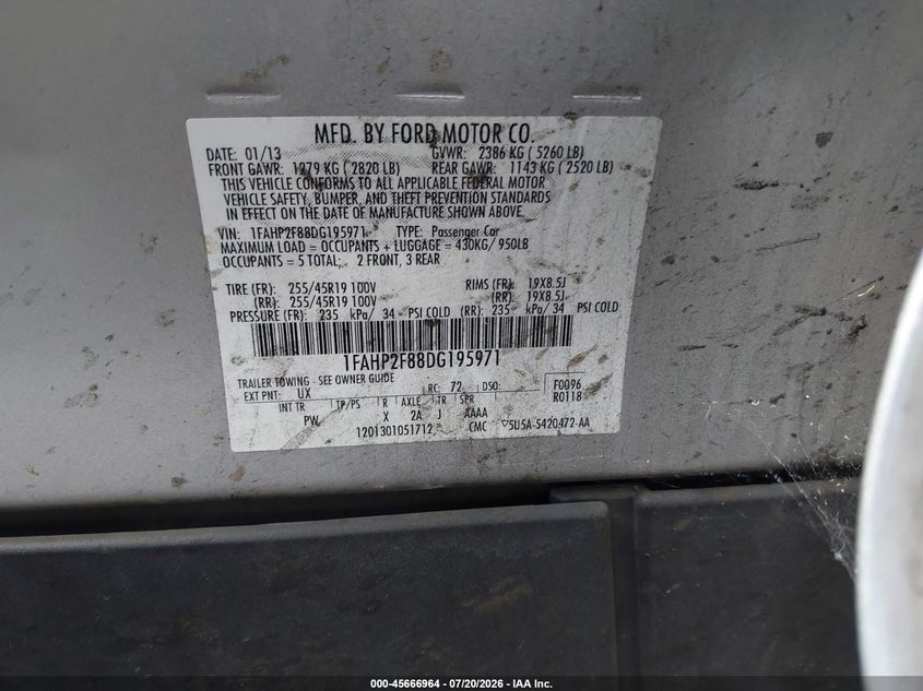 2013 Ford Taurus Limited VIN: 1FAHP2F88DG195971 Lot: 45666964