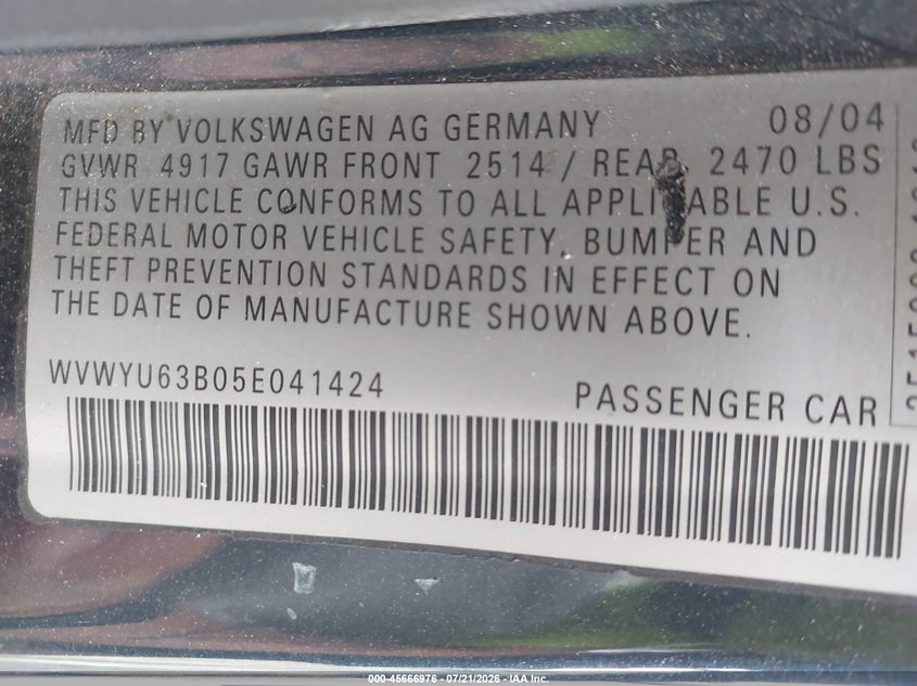 2005 Volkswagen Passat Glx VIN: WVWYU63B05E041424 Lot: 45666976