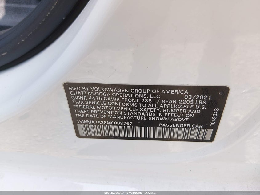 2021 Volkswagen Passat 2.0T R-Line VIN: 1VWMA7A38MC008767 Lot: 45666987