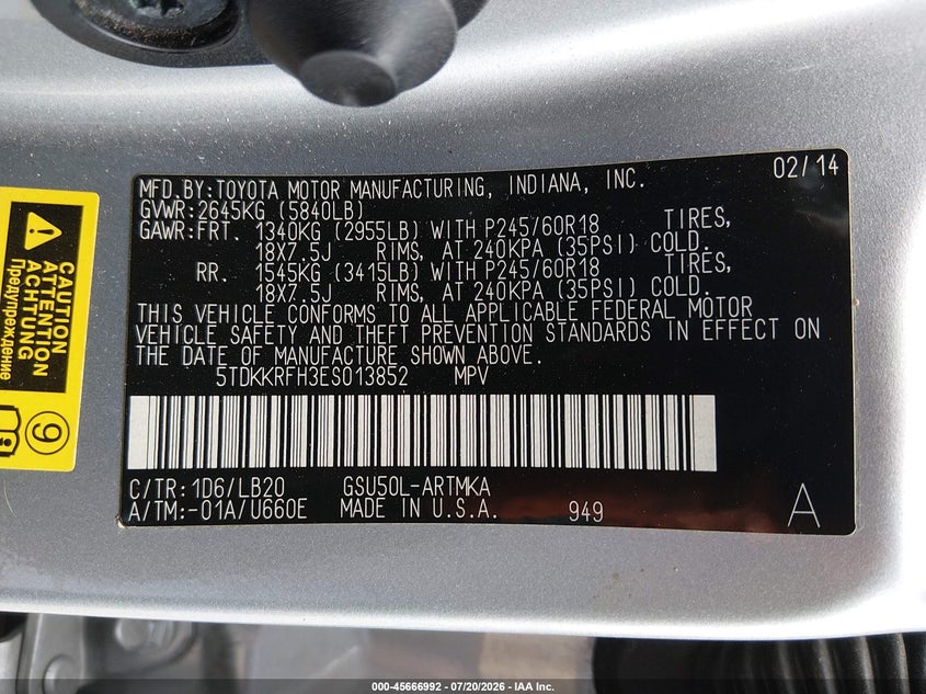 2014 Toyota Highlander Xle V6 VIN: 5TDKKRFH3ES013852 Lot: 45666992