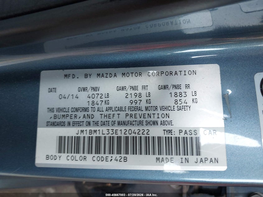 2014 Mazda Mazda3 S Touring VIN: JM1BM1L33E1204222 Lot: 45667003