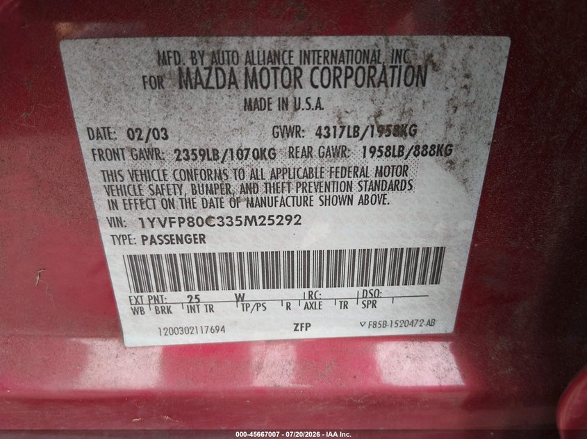 2003 Mazda Mazda6 I VIN: 1YVFP80C335M25292 Lot: 45667007