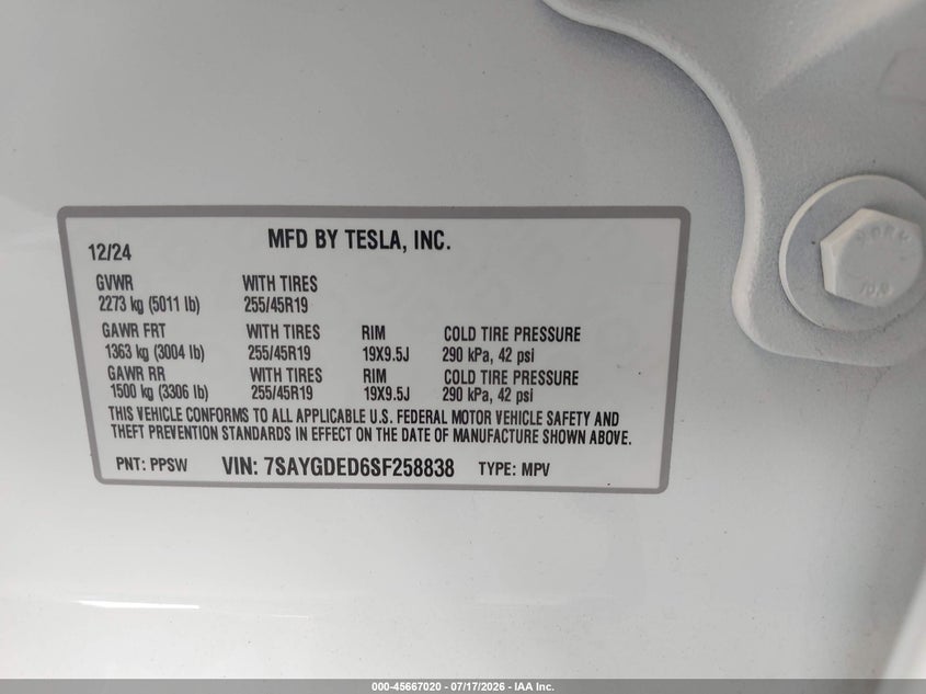 2025 Tesla Model Y Long Range Dual Motor Rear-Wheel Drive VIN: 7SAYGDED6SF258838 Lot: 45667020