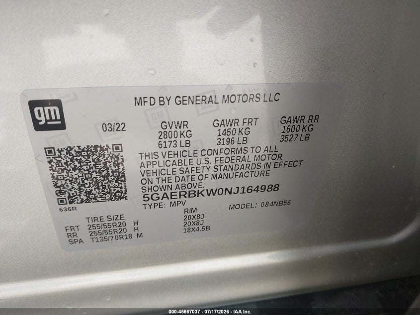 2022 Buick Enclave Fwd Essence VIN: 5GAERBKW0NJ164988 Lot: 45667037