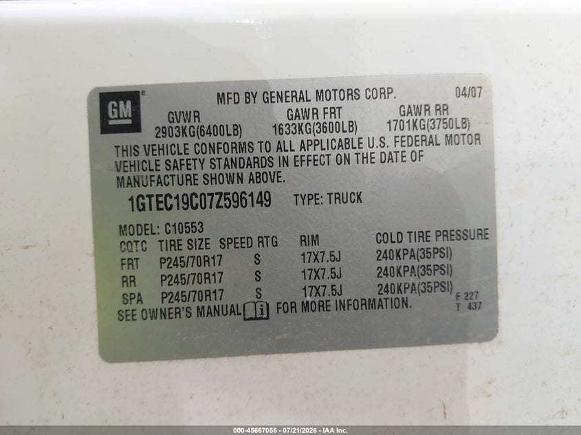 2007 GMC Sierra 1500 Work Truck VIN: 1GTEC19C07Z596149 Lot: 45667056