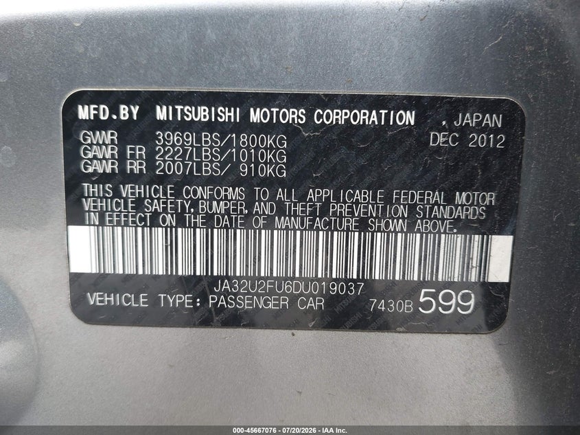 2013 Mitsubishi Lancer Es VIN: JA32U2FU6DU019037 Lot: 45667076