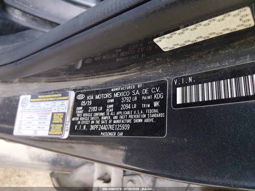 2019 Kia Forte Lxs VIN: 3KPF24AD7KE125939 Lot: 45667078