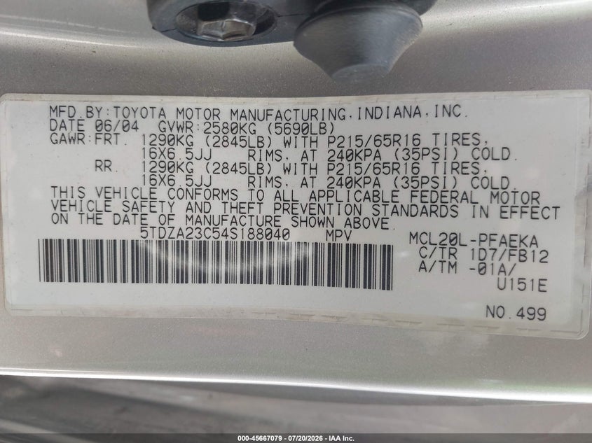 2004 Toyota Sienna Le VIN: 5TDZA23C54S188040 Lot: 45667079