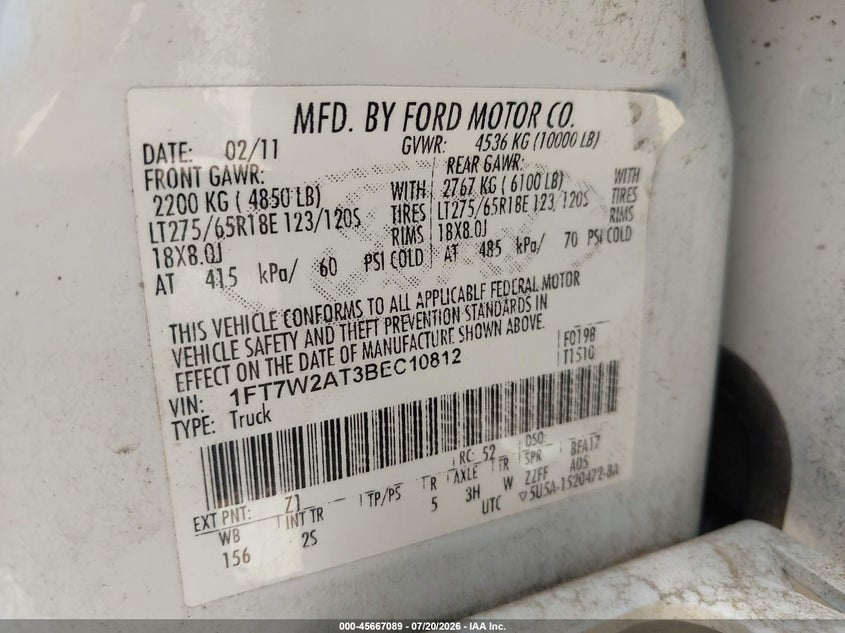 2011 Ford Super Duty F-250 Srw Xlt VIN: 1FT7W2AT3BEC10812 Lot: 45667089