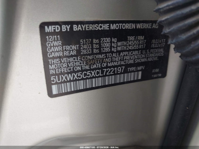 2012 BMW X3 xDrive28I VIN: 5UXWX5C5XCL722197 Lot: 45667105