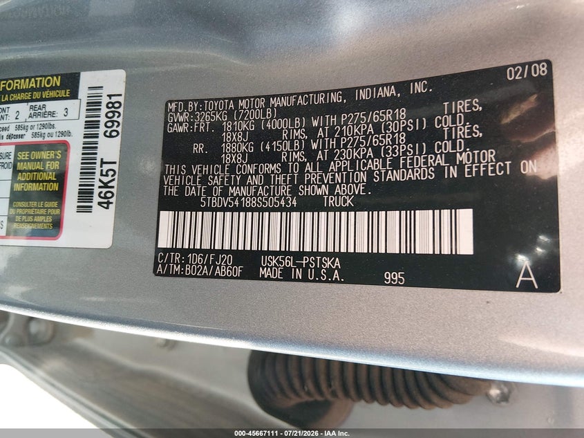 2008 Toyota Tundra Sr5 5.7L V8 VIN: 5TBDV54188S505434 Lot: 45667111