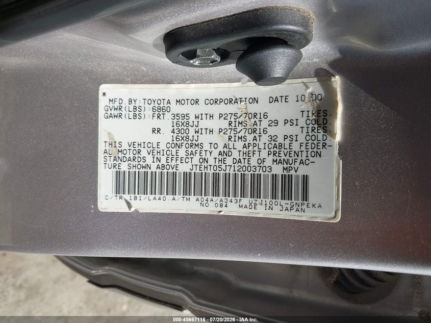 2001 Toyota Land Cruiser VIN: JTEHT05J712003703 Lot: 45667116