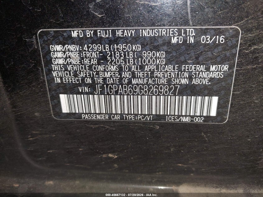 2016 Subaru Impreza 2.0I Premium VIN: JF1GPAB69G8269827 Lot: 45667132