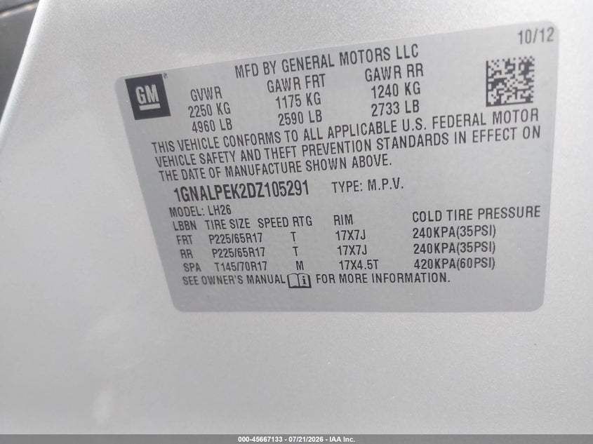 2013 Chevrolet Equinox Lt VIN: 1GNALPEK2DZ105291 Lot: 45667133