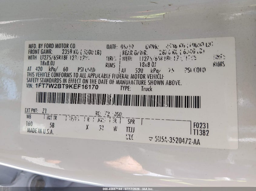 2019 Ford F-250 Lariat VIN: 1FT7W2BT9KEF16170 Lot: 45667144