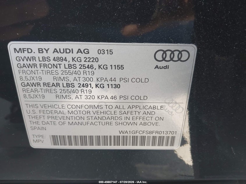 2015 Audi Q3 2.0T Premium Plus VIN: WA1GFCFS8FR013701 Lot: 45667147