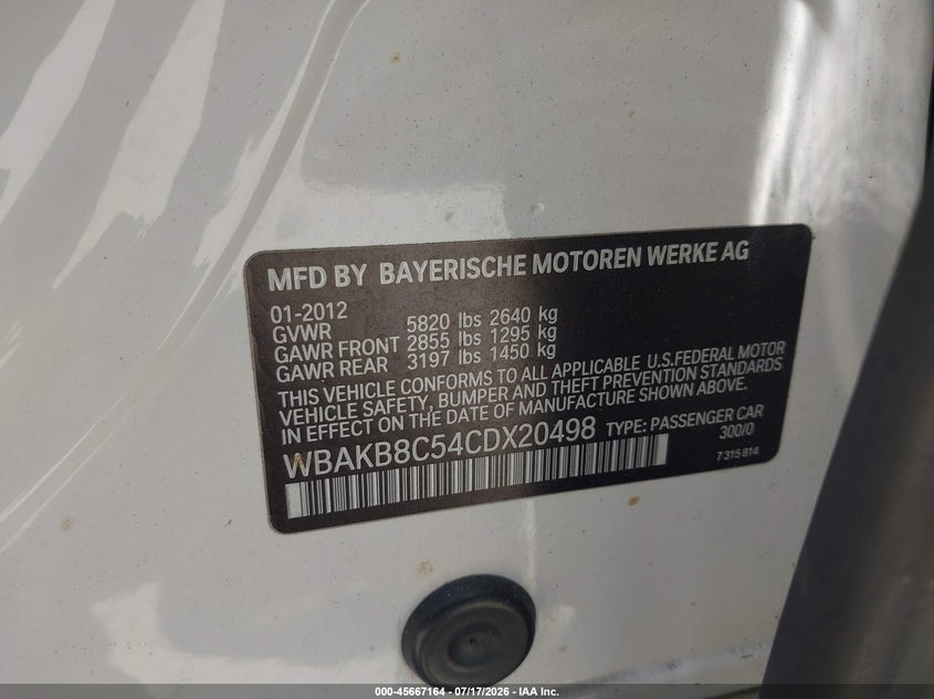 2012 BMW 750Li VIN: WBAKB8C54CDX20498 Lot: 45667164