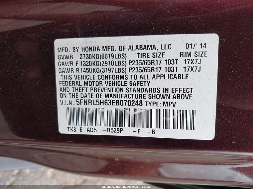 2014 Honda Odyssey Ex-L VIN: 5FNRL5H63EB070248 Lot: 45667168