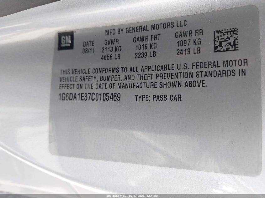2012 Cadillac Cts Standard VIN: 1G6DA1E37C0105469 Lot: 45667182