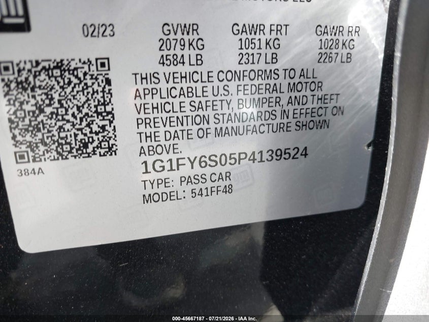 2023 Chevrolet Bolt Euv Fwd Lt VIN: 1G1FY6S05P4139524 Lot: 45667187