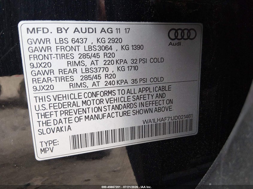 2018 Audi Q7 2.0T Premium VIN: WA1LHAF71JD021461 Lot: 45667201