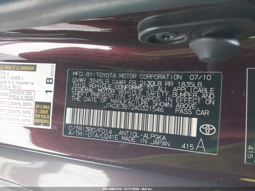2010 Scion Tc VIN: JTKDE3B72A0321546 Lot: 45667218