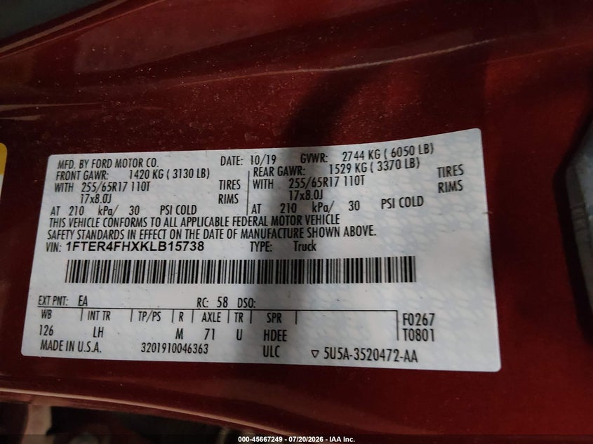 2019 Ford Ranger Xlt VIN: 1FTER4FHXKLB15738 Lot: 45667249