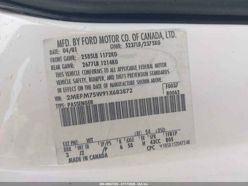 2001 Mercury Grand Marquis Ls VIN: 2MEFM75W91X683872 Lot: 45667250