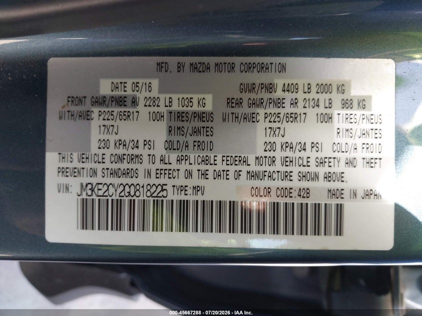 2016 Mazda Cx-5 Touring VIN: JM3KE2CY2G0818225 Lot: 45667288