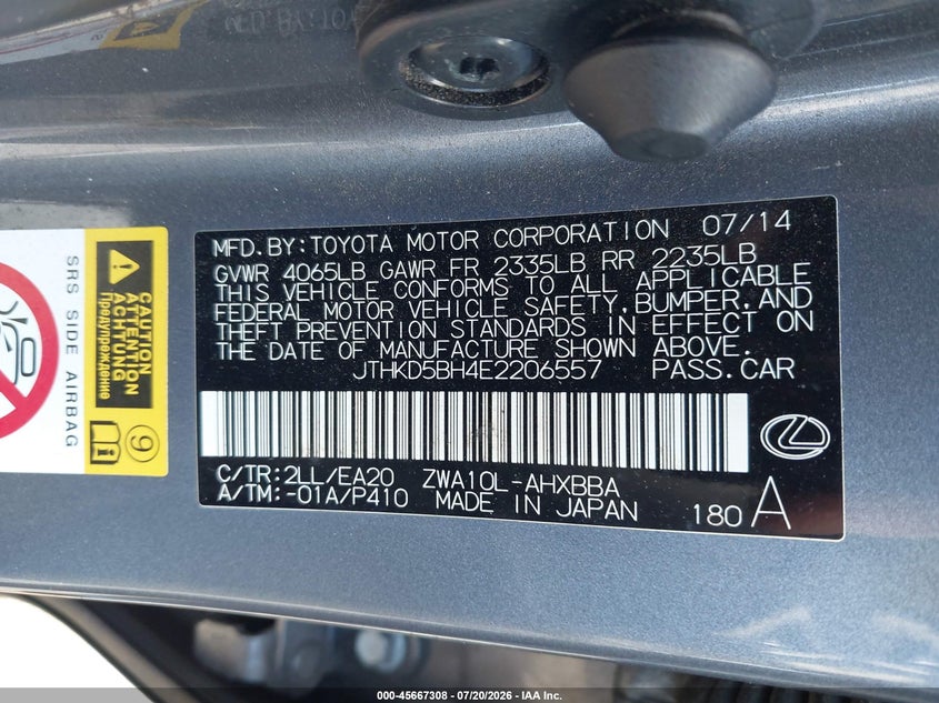 2014 Lexus Ct 200H VIN: JTHKD5BH4E2206557 Lot: 45667308