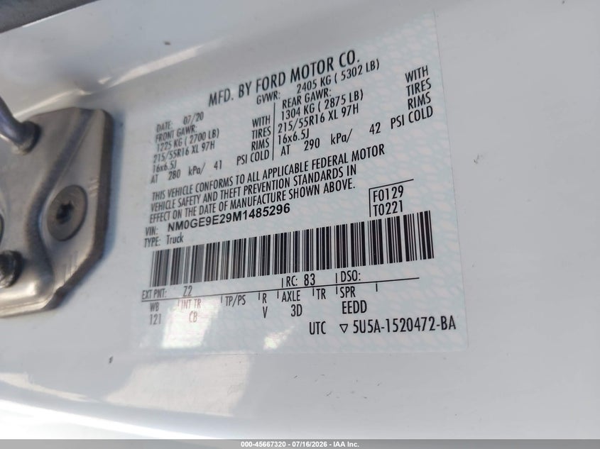 2021 FORD TRANSIT WAGON 2.0L I-4 DI, DOHC, VVT, 162HP