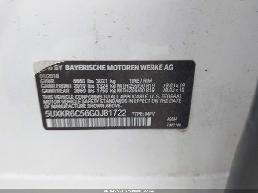 2016 BMW X5 xDrive50I VIN: 5UXKR6C56G0J81722 Lot: 45667323