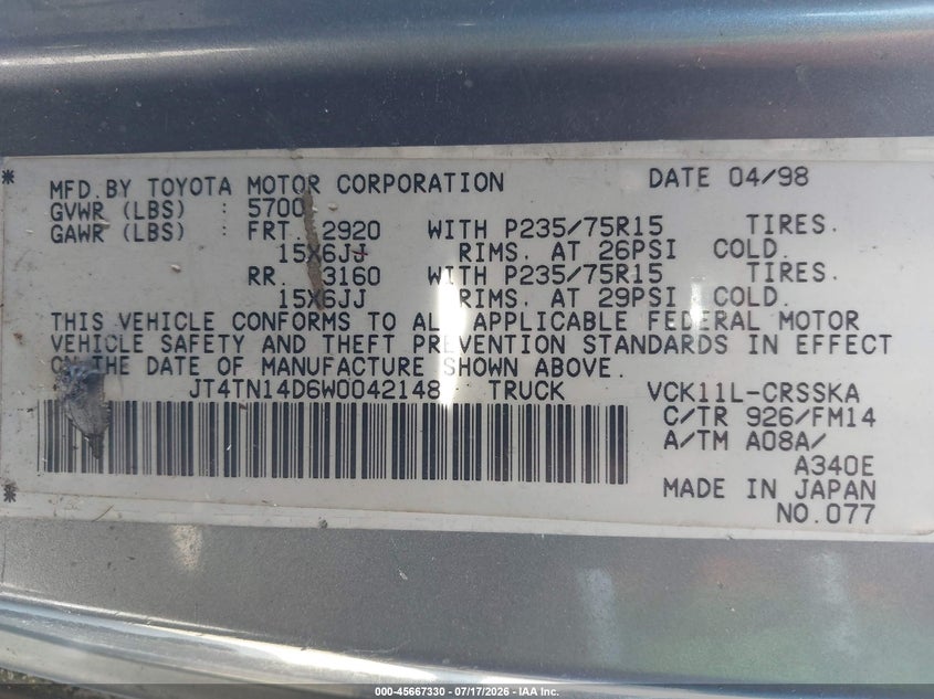 1998 TOYOTA T100 PICKUP 3.4L V-6 DOHC, 190HP